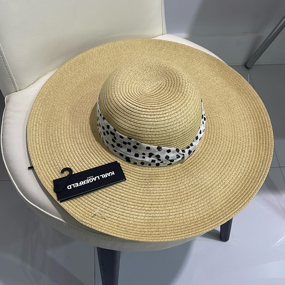 Karl Lagerfeld Large Straw Hat with White/Black Print Scarf/Trim